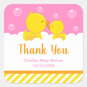 Pegatina Cuadrada Rubber Ducky Baby Shower Yellow Pink Gracias