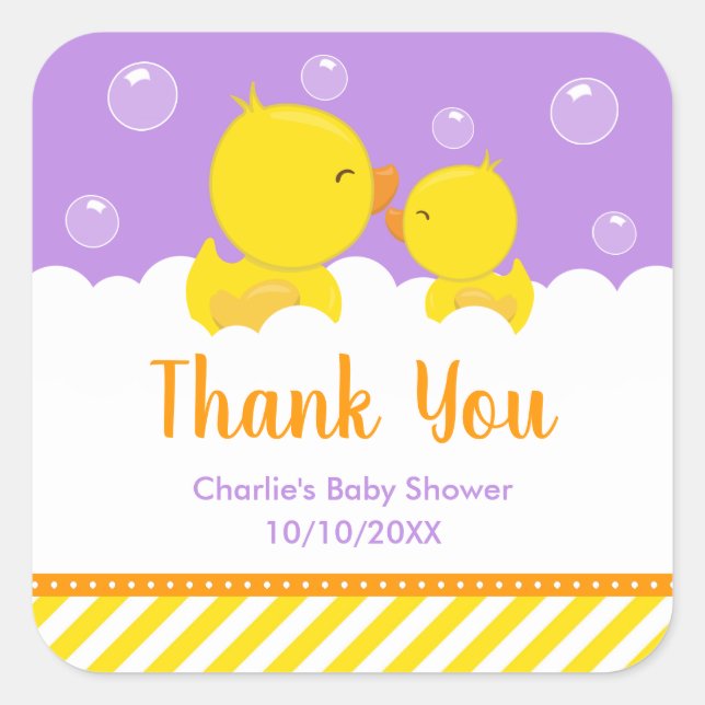 Pegatina Cuadrada Rubber Ducky Baby Shower Yellow Purple Gracias (Anverso)