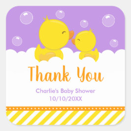 Pegatina Cuadrada Rubber Ducky Baby Shower Yellow Purple Gracias