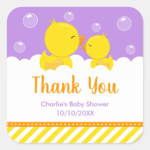 Pegatina Cuadrada Rubber Ducky Baby Shower Yellow Purple Gracias