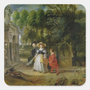 Pegatina Cuadrada Rubens y Elena Fourment en el jardín