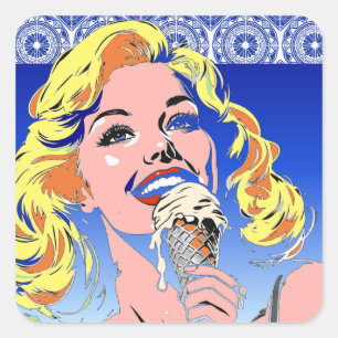 Pegatina Cuadrada Rubia Comiendo Helado Estilo Pop Art Colorido de l