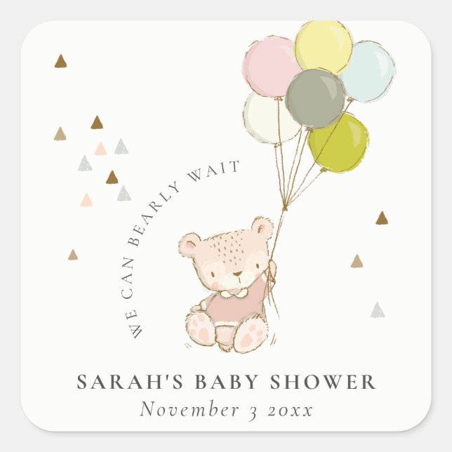 Pegatina Cuadrada Rubor Bearly Wait Bear Balloon Baby Shower (Anverso)