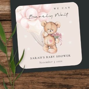 Pegatina Cuadrada Rubor Bearly Wait Bear Balloon Baby Shower
