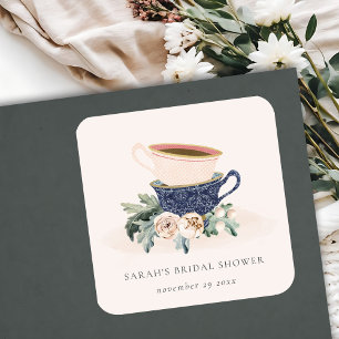 Pegatina Cuadrada Rubor Blue Cups Floral Bridal Shower Tea Fiesta