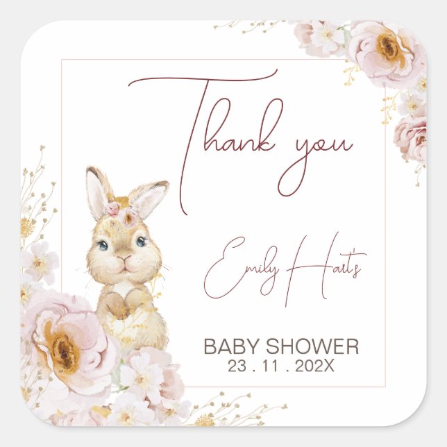 Pegatina Cuadrada Rubor Boho Floral Bunny Baby Shower Gracias (Anverso)