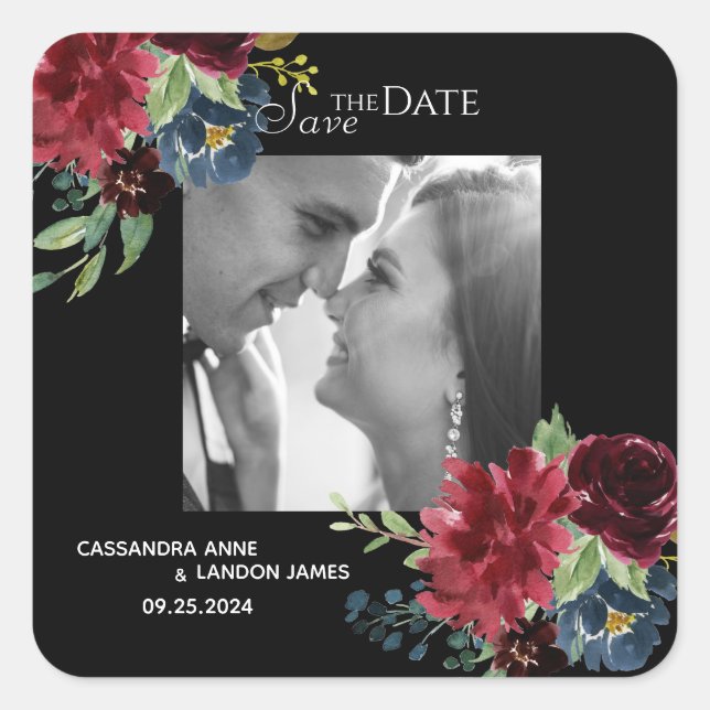 Pegatina Cuadrada Rubor Burgundy Photo Floral Elegante acuarela (Anverso)