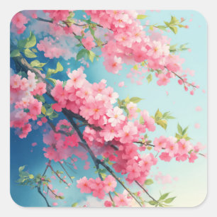 Pegatina Cuadrada Rubor de Sakura de Primavera