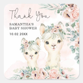 Pegatina Cuadrada Rubor Llama Floral Eucalyptus Baby Girl Gracias