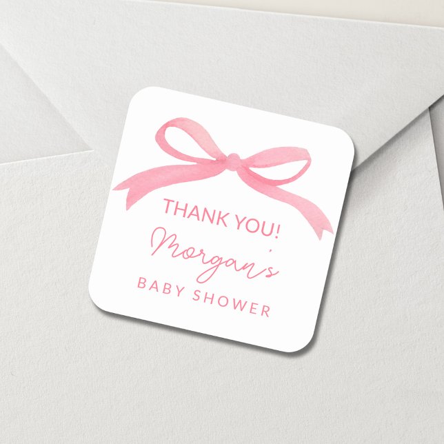 Pegatina Cuadrada Rubor Pink Bow Watercolor Baby Shower (Subido por el creador)