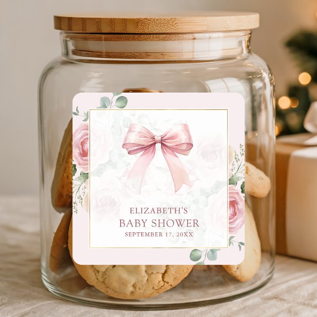 Pegatina Cuadrada Rubor Pink Floral Coquette Bow Baby Shower (Subido por el creador)