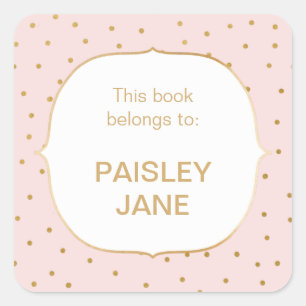 Pegatina Cuadrada Rubor Pink gold confetti Small baby girl bookplate