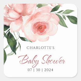Pegatina Cuadrada Rubor Pink Rose Floral Baby Shower
