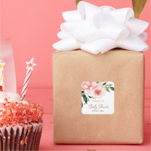 Pegatina Cuadrada Rubor Pink Rose Floral Baby Shower