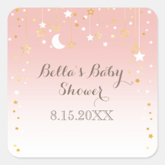 Pegatina Cuadrada Rubor Pink Stars Moon Baby Shower