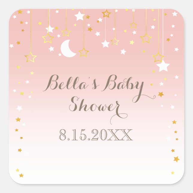 Pegatina Cuadrada Rubor Pink Stars Moon Baby Shower (Anverso)