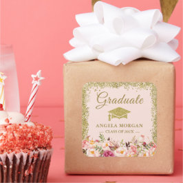 Pegatina Cuadrada Rubor Purpurinas de oro rosado a favor de graduaci