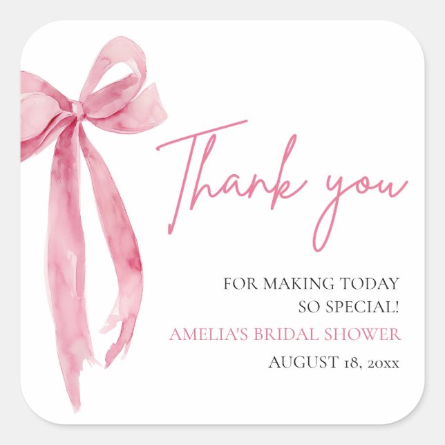 Pegatina Cuadrada Rubor Rosa Lazo Ella Está Atando el Nudo Despedida (Anverso)