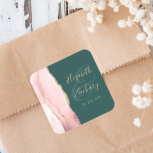 Pegatina Cuadrada Rubor Rosa Oro Ágata Esmeralda Verde Boda