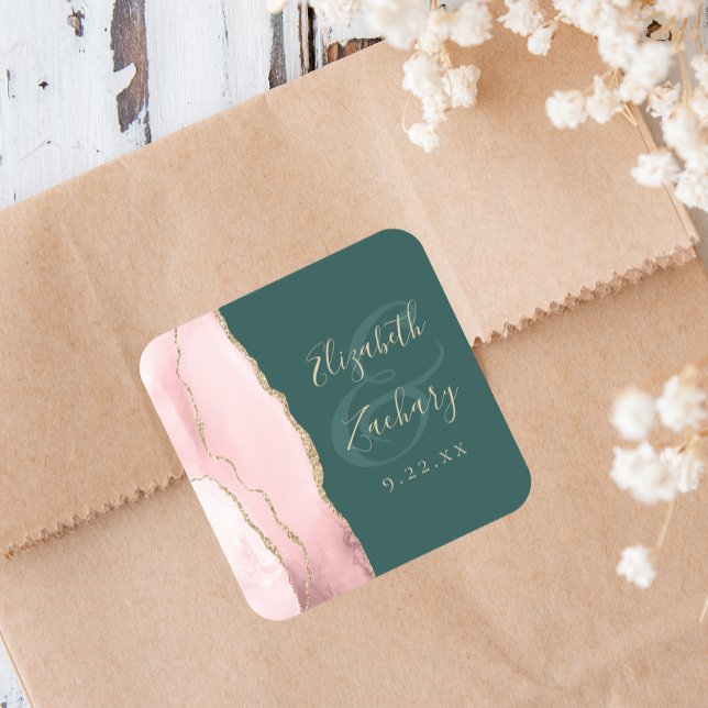 Pegatina Cuadrada Rubor Rosa Oro Ágata Esmeralda Verde Boda (Subido por el creador)