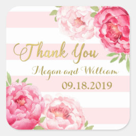 Pegatina Cuadrada Rubor Stripes Etiquetas Favor De Boda Floral Rosa