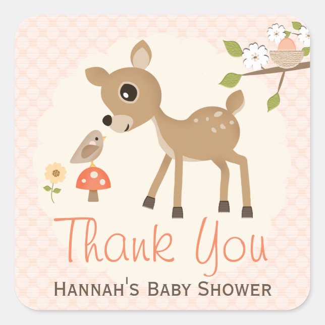 Pegatina Cuadrada Rubor Woodland Deer Baby Shower Gracias Pegatinas (Anverso)