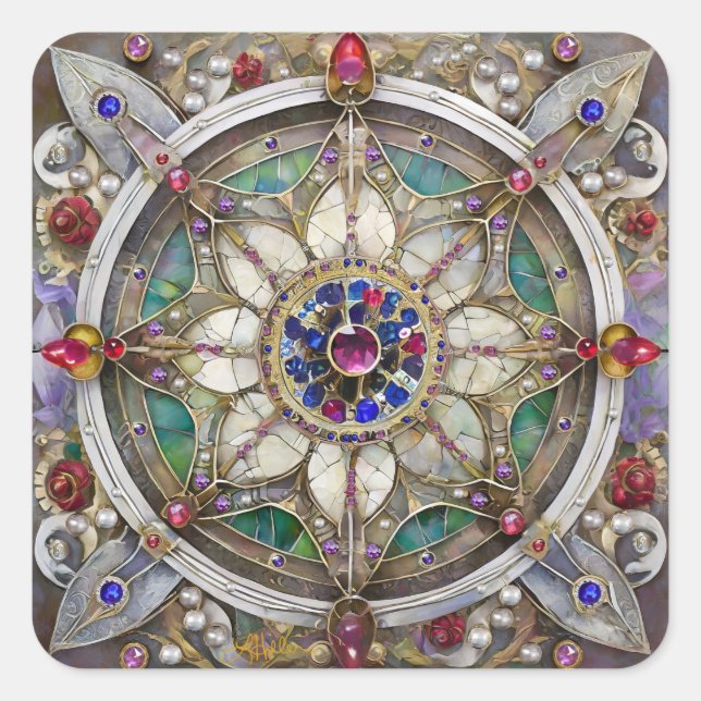 Pegatina Cuadrada Ruby, Amethyst, Sapphire y Pearl Mandala (Anverso)