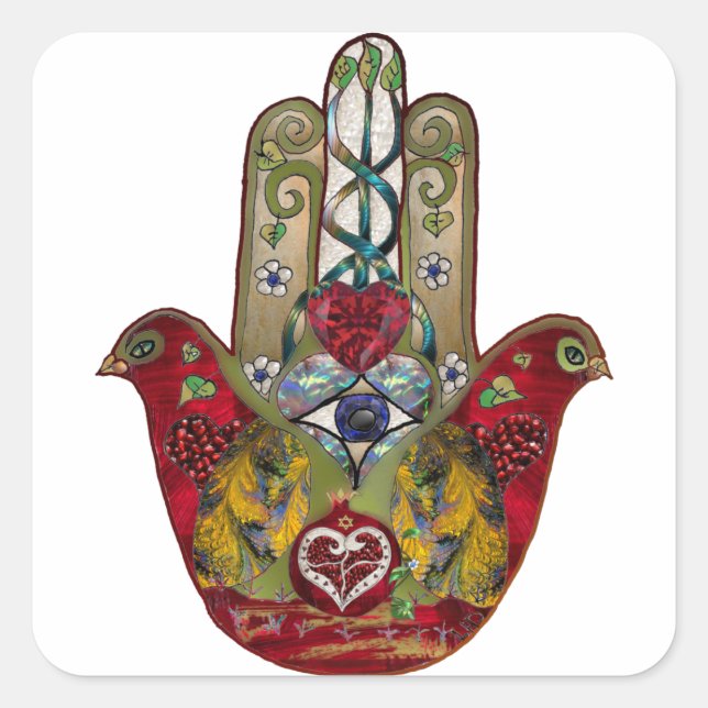 Pegatina Cuadrada Ruby Pomegranate Heart Red Bird Hamsa (Anverso)