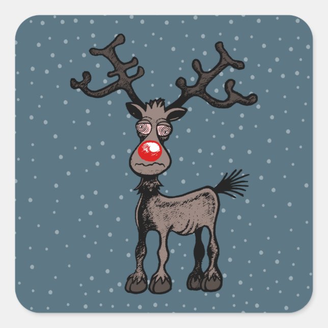 Pegatina Cuadrada Rudolf the Reindeer tiene ojos locos (Anverso)