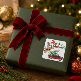 Pegatina Cuadrada Rudolph Feliz Navidad Camioneta de Cuadros Vintage