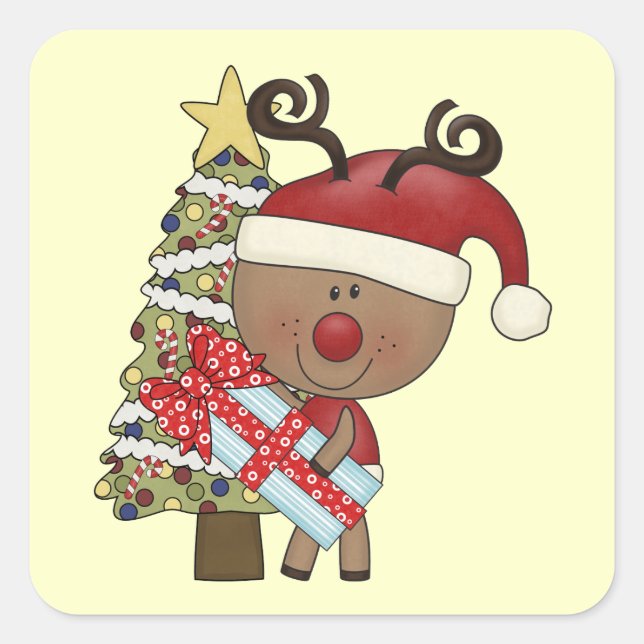 Pegatina Cuadrada Rudy Reindeer Holiday Tree (Anverso)