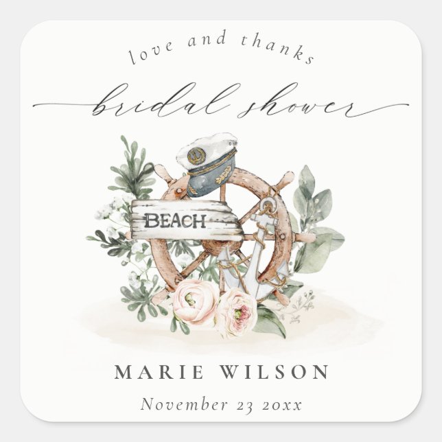 Pegatina Cuadrada Rueda de Ancla Náutica Floral Hoja de Soiree Nupci (Anverso)