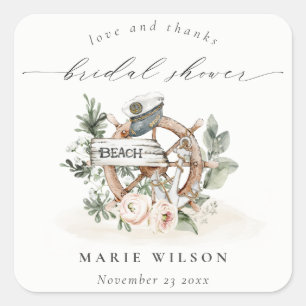 Pegatina Cuadrada Rueda de Ancla Náutica Hoja Floral Bridal Shower