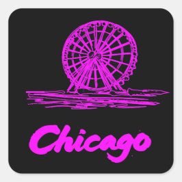 Pegatina Cuadrada Rueda de Chicago Navy Pier Neon Rosa