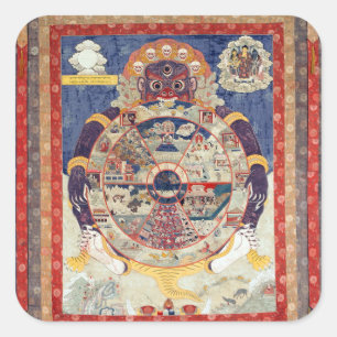 Pegatina Cuadrada Rueda de la Vida Arte Budista Tibetano