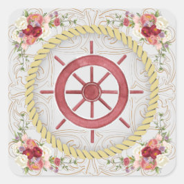 Pegatina Cuadrada Rueda de náutica y roseato floral