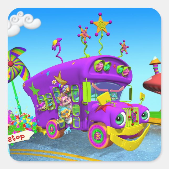 Pegatina Cuadrada Ruedas Divertidas En Los Pegatinas De Autobús (Anverso)