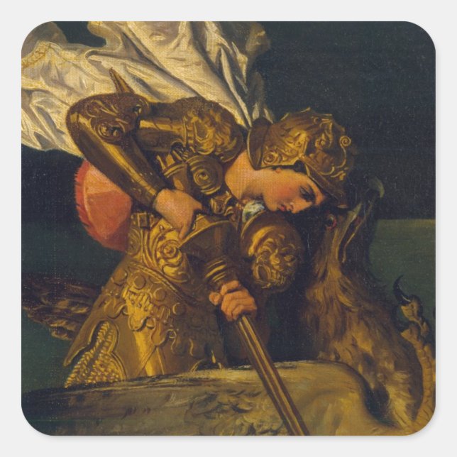 Pegatina Cuadrada Ruggiero rescatando a Angélica (Anverso)