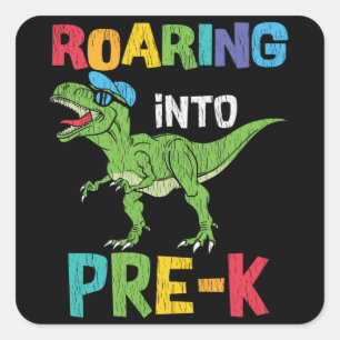 Pegatina Cuadrada Rugiendo Pre-K De Vuelta Al Colegio T rex Dinosaur
