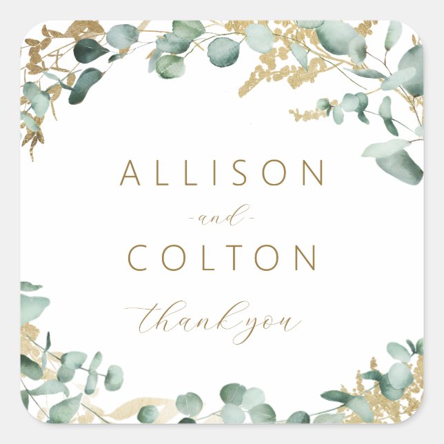 Pegatina Cuadrada Ruido eucalipto dorado verde boho favor de la boda (Anverso)