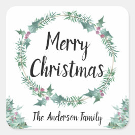 Pegatina Cuadrada Ruidosa acuarela Holly Wreath Feliz Navidad