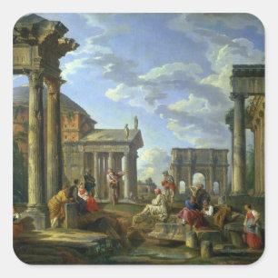 Pegatina Cuadrada Ruinas romanas con un profeta, 1751