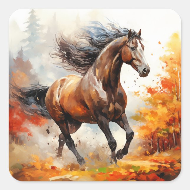 Pegatina Cuadrada Running Horse in Autumn (Anverso)