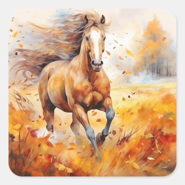 Pegatina Cuadrada Running Horse in Autumn (Anverso)