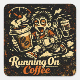 Pegatina Cuadrada Running On Coffee – Caffeinated Humor Survival