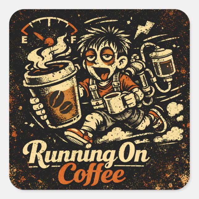 Pegatina Cuadrada Running On Coffee – Caffeinated Humor Survival (Anverso)