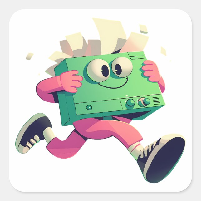 Pegatina Cuadrada Running Printer with Flying Papers – Tech Humor (Anverso)