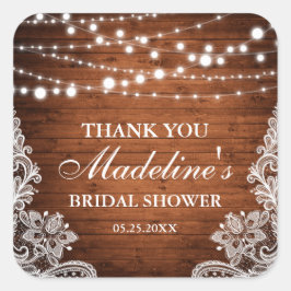 Pegatina Cuadrada Rusdal Bridal Shower Wood String Lace Gracias