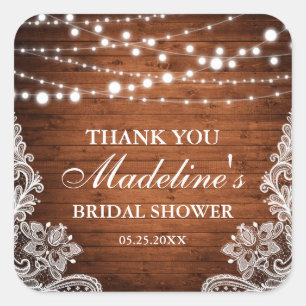 Pegatina Cuadrada Rusdal Bridal Shower Wood String Lace Gracias