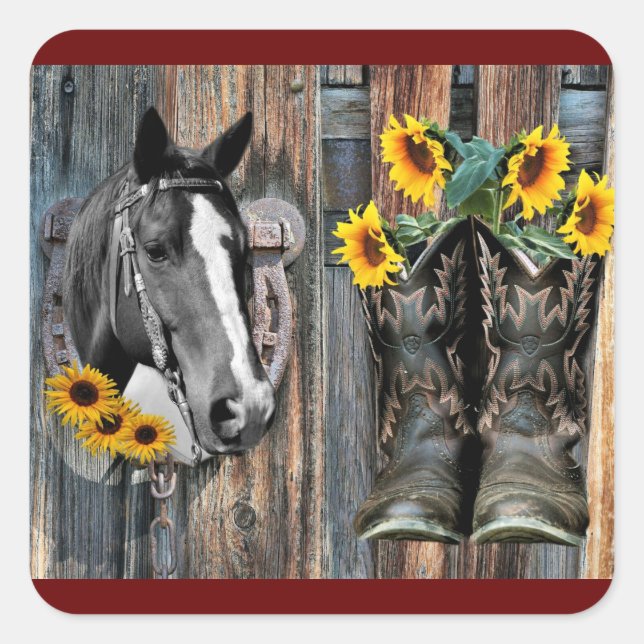 Pegatina Cuadrada Russe Western Horse Cowboy botas Sunflowers (Anverso)